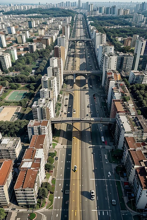 cidade arborizada, high buildings, ruas largas com ciclovia vermelha e ponte que atravessa a cidade, (São Paulo)