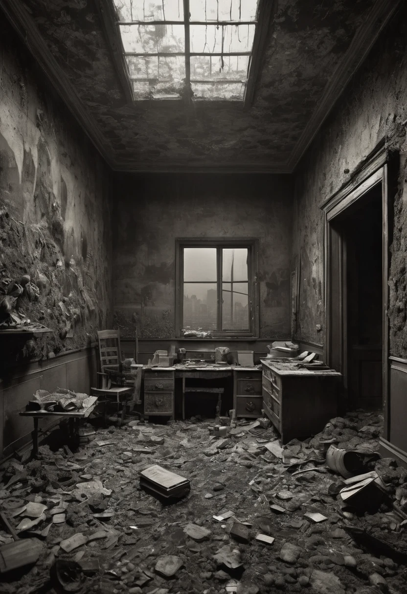 (soviet depressed city. smog, dirt, devastation). night room, dark room, completely darkened room, sepia, grainy, eerie environment. bizarre surrealism. creepypasta is scary. a creepy look from the shadows. laurie lipton style. joshua hoffin. dariusz zawadsky. tetsuya ishida. zdzislaw beksinski. patrizia piccinini. mark powell. sven 37.