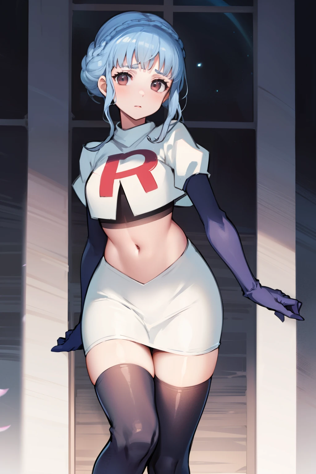 marianne von edmund, team rocket,team rocket uniform,white skirt,red letter R,crop top,black thigh-highs, looking at viewer, cowboy shot, night sky background