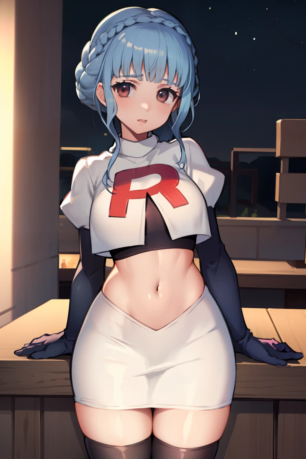 marianne von edmund, team rocket,team rocket uniform,white skirt,red letter R,crop top,black thigh-highs, looking at viewer, cowboy shot, night sky background