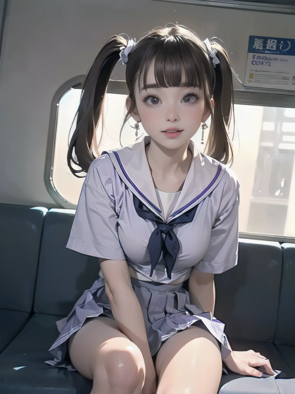 ((((highest quality))))、(((Ultra-precision CG16K wallpaper)))、(((masterpiece)))、(((Super detailed)))、(((Extreme detail)))、((1Mature 24 year old woman:1.5))、((Very beautiful Japanese faces))、((Shiraishi Mai:1.5))、((Straight twin tail hair、blunt bangs:1.5))、(Shiny brown hair)、Beautiful delicate eyes、eyeliner、eye shadow、Brown eyes、High nose、Small nostrils、Small Mouth、Seductive lips、Beautiful breasts、((C cup size breasts))、Cleavage、Voluptuous body、Perfect proportions、Perfect Anatomy、Perfect composition、Beautiful detailed shading、Beautiful, natural lighting、Beautiful detail glow、Depth of written boundary、(((High chroma)))、(((Real:1.9)))、((vivid:1.5))、((Beautiful Skin))、((Skin Texture))、((Realな皮膚感))、(((Cowboy Shot:1.6)))、((Front view、Front low angle:1.6))、((Surprised face with mouth open:1.5))、(The woman is facing this way:1.5)、Bright daylight、Natural light、(((sitting with legs spread apart on a train seat:1.6)))、(Sitting pose:1.5)、(((White wearing sailor uniform、Light purple pleated mini skirt:1.6)))、((Wearing earrings:1.3))、