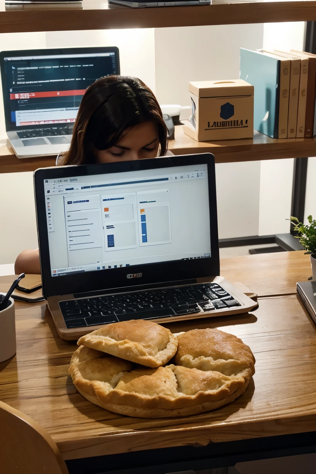 Pastes con una computadora al lado ,en un ambiente de oficina 