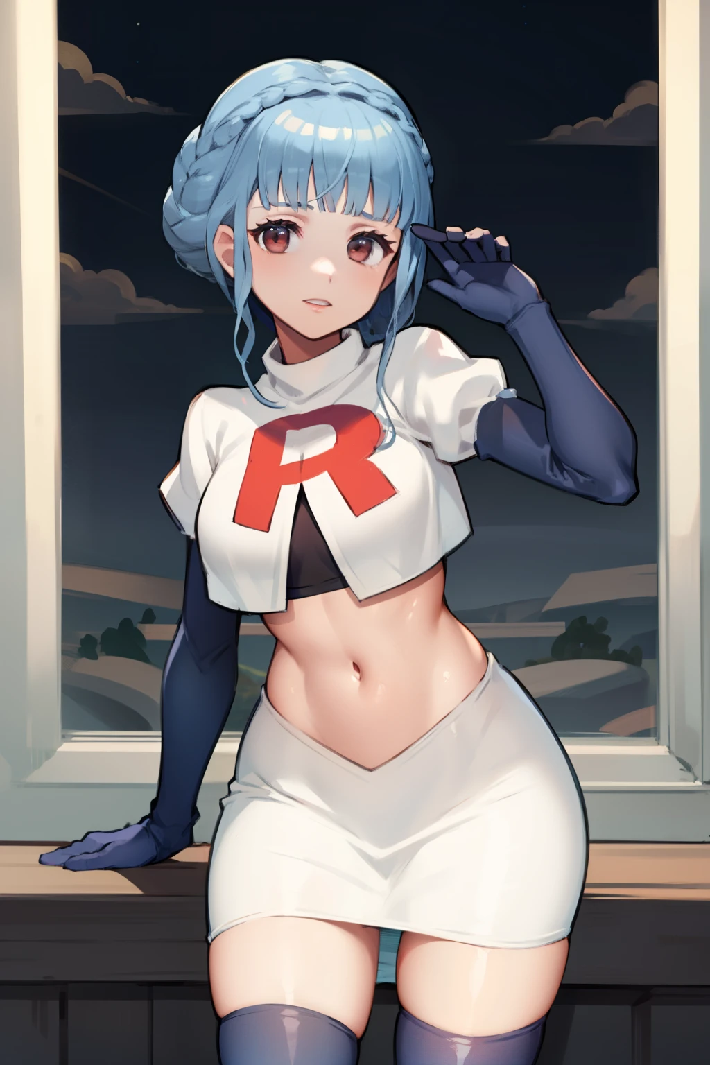 marianne von edmund, team rocket,team rocket uniform,white skirt,red letter R,crop top,black thigh-highs, looking at viewer, cowboy shot, night sky background