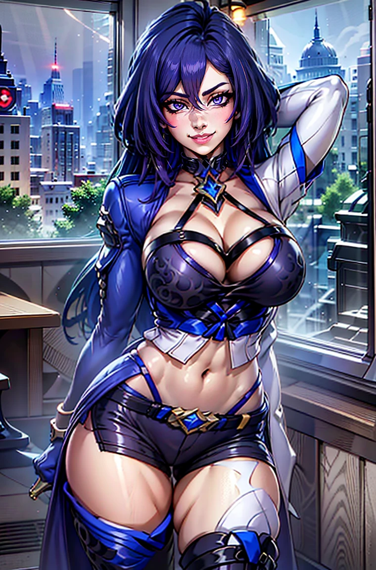  ((night:1.5)),outdoors, ((extremely detailed background)), cityscape, city lights, 
cowboy shot,dynamic angle, standing, arms behind head, armpits, from side,,hair between eyes, hair ornament, (blue hair breasts, gloves, hair over one eye, holding sword, jacket, long hair, looking at viewer, big breasts, navel, purple hair, short shorts, tights cleavage))  
1girl, solo,Beautiful Finger,Beautiful long legs,Beautiful body,(mature:1.1),(milf:1.1),(mature female:1.3),make up,parted lips,(shiny skin:1.3),(gorgeous detailed skin),(detailed hair), masterpiece, high quality, highres, absurdres,(beautiful and aesthetic:1.2), beautiful hand, (4K), 8k, perfect balance,(extremely detailed CG unity 8k wallpaper), perfect hand,
smile
ray_tracing,intricate details,depth of field, extremely delicate and beautiful,professional photography, bokeh, high resolution, sharp detail, best quality,
(Beautiful,huge breasts), (beautiful_face), (narrow waist), curvy, thick thighs,  