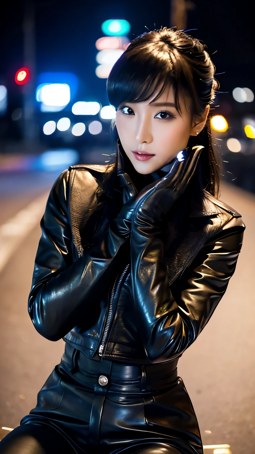 black leather rider jacket, Office in the Dark, Black leather gloved fingertips on both hands,Wearing black leather gloves,Sitting in a black leather chair、 Japanese female new recruits (Black leather gloves cover both hands) (The angle is horizontal)、Black Leather Pants,Black Leather Black Leather Pants,Black Leather Skinny Pants、Long black leather boots on both feet、Black hair ponytail ((He wears black leather gloves on his hands))Full Body Photo,full body shot full body full body leather suit,☺If you turn in this direction。Wearing black leather gloves,Wearing black leather gloves,Wearing black leather gloves,Wearing black leather gloves,Wearing black leather gloves,Wearing black leather gloves,黒のレザーパンツが美しい😍黒のレザーパンツが美しい😍黒のレザーパンツが美しい,😍Smiling while looking at me,City lights、((Neon Cyberpunk City Street:1.3))、(Neon Light)、Detailed lighting、
Best image quality、Ultra-high resolution、(realism:1.4)、Korean Beauty Star、The most beautiful KPOP stars、face、Horny Korean Makeup、A body that makes you want to touch it、Realistic leather texture、Costume made of smooth leather fabric、The drape of the curved parts of the leather fabric、The costume has a strong shine、costume quality、8K Photo Quality