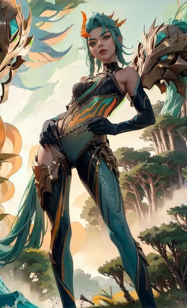 The tall girl put her hand on her chest, combat pose, BREAK, (Dark background, Bamboo forest), (Slim_thights:1.3), Average Breasts, Slender_thights, aqua hair, 1girl, solo, (Miniature body:1.4), generous cleavage, Posing, detailed anatomy, the perfect body, Detailed body, detailized face, Beautiful anatomical eyes. BREAK Kaisa Dragon Lagoon,  The BREAK is very detailed, Intricately detailed art, Artstation's Detailed Triadic Color Trend in Unreal Engine 5, 8K resolution, deviantart masterpiece.