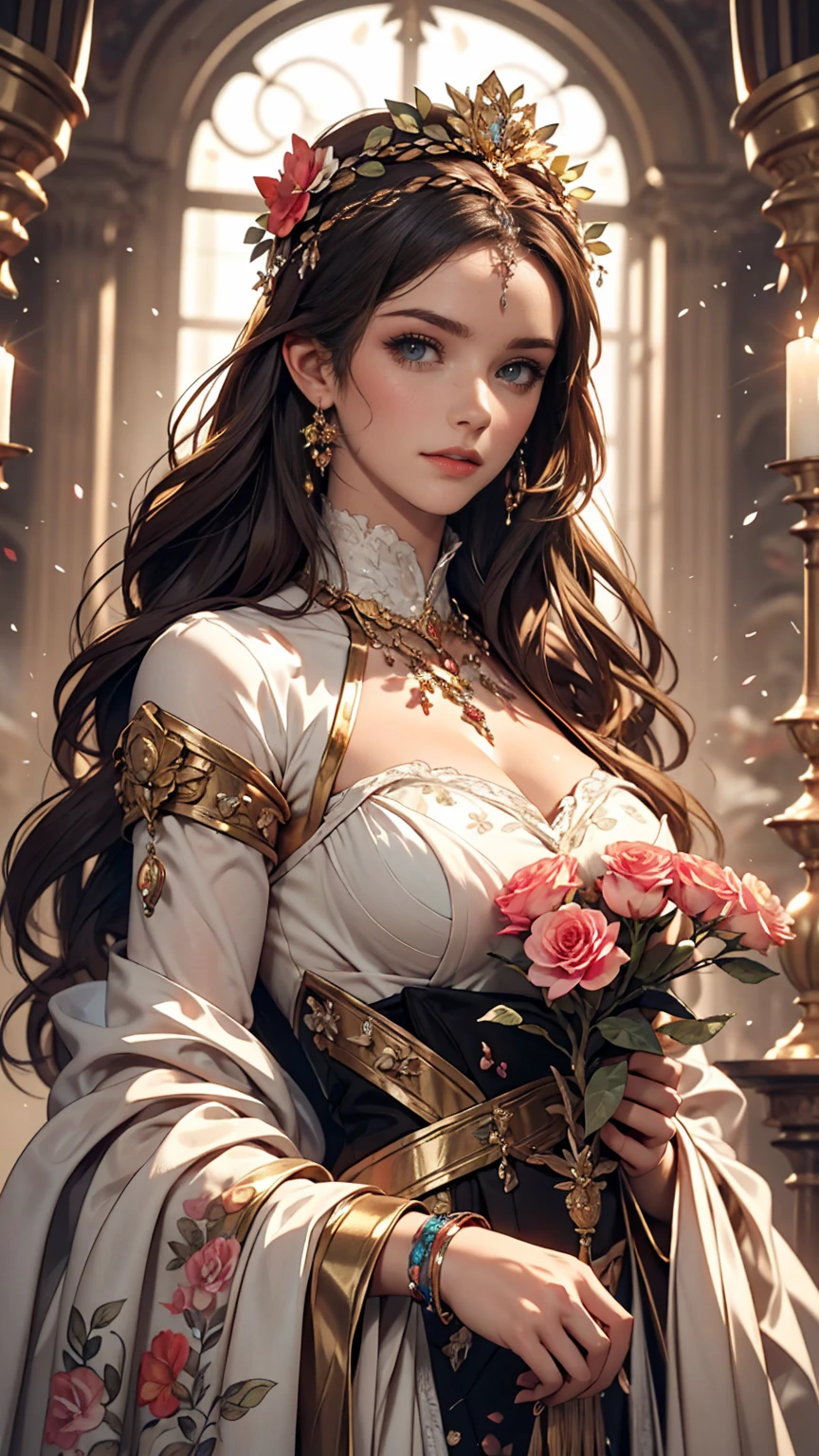 Depicts a beautiful woman with flowers in her hair、Highly detailed watercolor painting, The style of Alfons Maria Mucha and Gustav Kirmut, Art Nouveau accents, Fairy Princess, Anthropomorphic woman, Female figure, Detailed cover artwork, As the Flower Goddess, Alphonse Mucha, Gustav Klimt, Pale skin, Marble sculpture, society, Gothic art, Art Nouveau, Behance Contest Winner