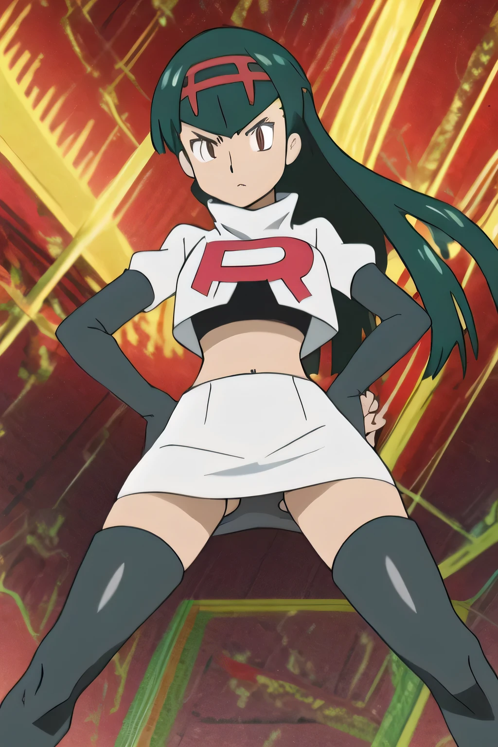 masterpiece,best quality,high res,high quality,8k, masterpiece,highres, team rocket uniform, red letter r, white skirt,white crop top,black thigh-high boots, black elbow gloves, glaring angrily, looking down at viewer, hands on hips, cowboy shot, zettai ryouiki,spread legs,from below, black panties,anime style, vivid colors, sharp focus, intense lighting,Persona4YukikoAmagi,long hair,black hair,brown eyes,headband