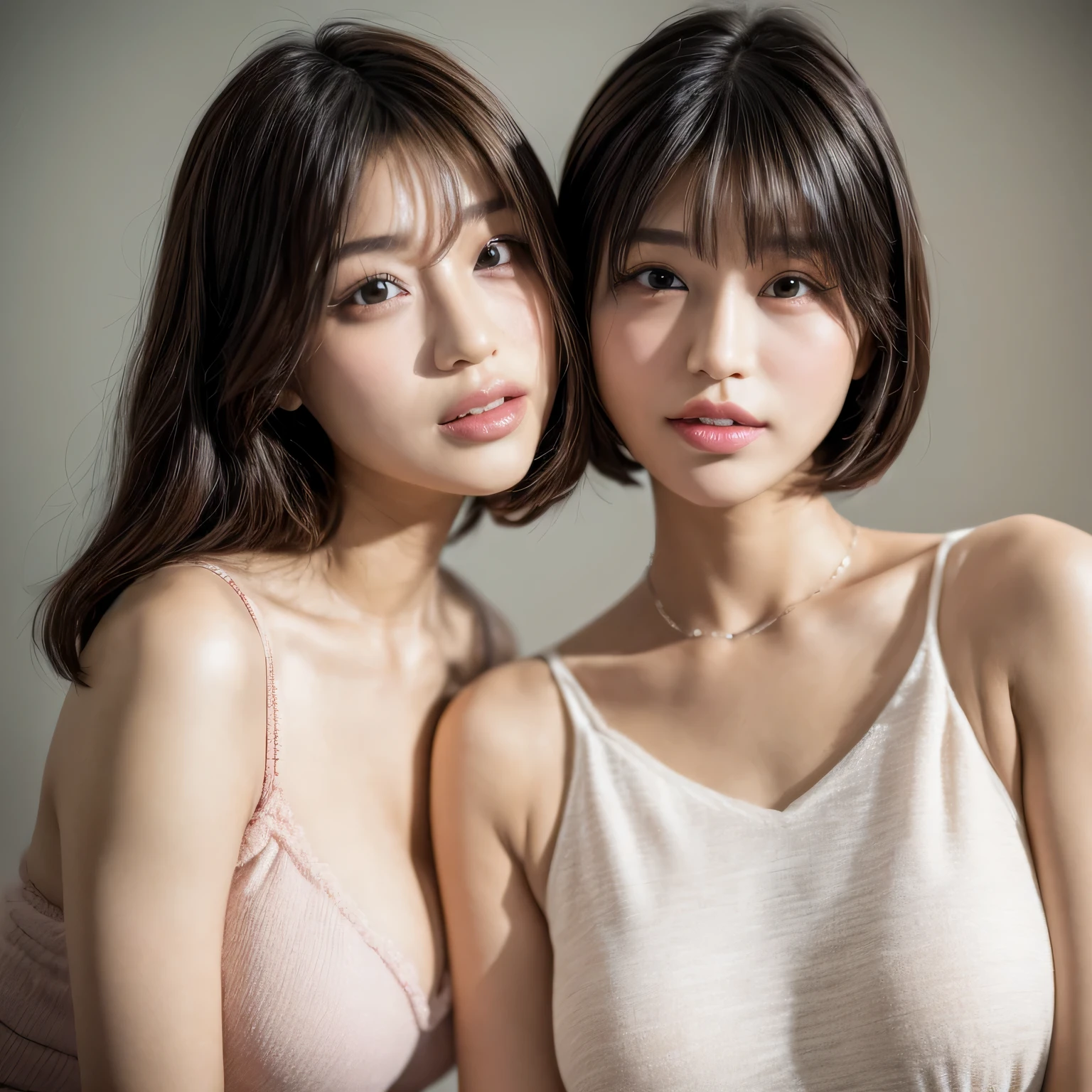 Identical twin sisters are hugging each other、(8k、Raw photo、highest quality、masterpiece:1.2)、(Realistic、Photorealistic:1.37)、Ultra-detailed、超A high resolution、Beautiful Japanese Women、************、Seeing the viewer、Beautifully detailed face、Laughter、narrow、(Narrow waist) :1.3)、Tank top、(8k, RAW photo, best quality, masterpiece:1.2), (realistic, photo-realistic:1.4), (extremely detailed 8k wallpaper),　Beautiful delicate skin、Skin Texture、Detailed dark brown eyelid hair、Professional Lighting、Highly detailed face、Highly detailed eyes、Extremely realistic skin、Highly detailed fingers, Highly detailed nose, Highly detailed mouth,