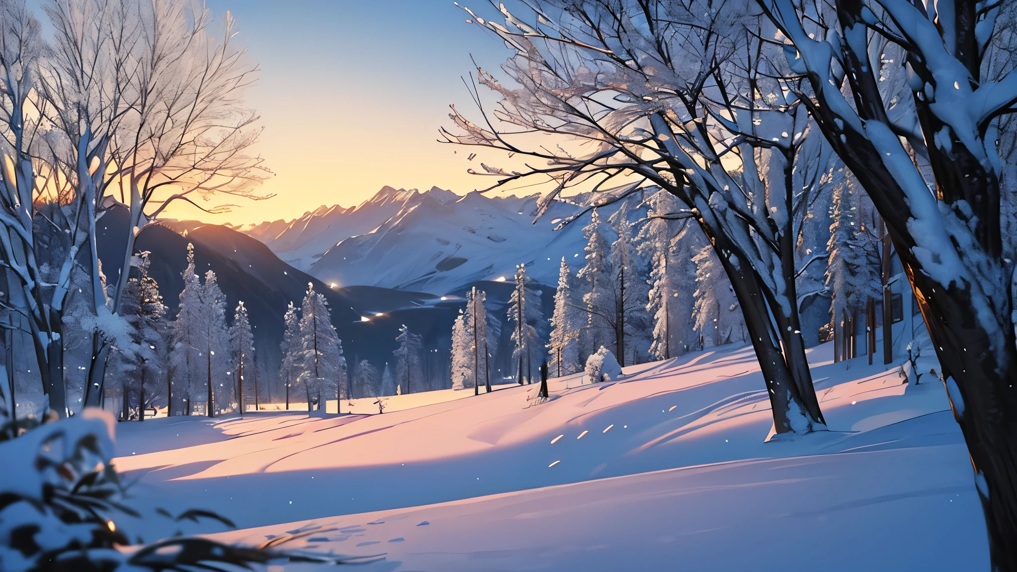 In this captivating snowy scene, a picture by the acclaimed artist Alexander Kucharsky from Shutterstock comes to life. The romanticism of the winter setting is portrayed in its most beautiful and warmest form. The snowy landscape is a stunning tableau, with trees in the foreground standing proud against the serene white backdrop. The beautiful winter area is blanketed in pure, untouched snow, creating an enchanting scene of stillness and tranquility. The winter scene fantasy is further accentuated by the snowy mountain background, the snowy hill at sunrise casting a golden glow over the landscape. The winter atmosphere is one of peace and serenity, with the snowflakes