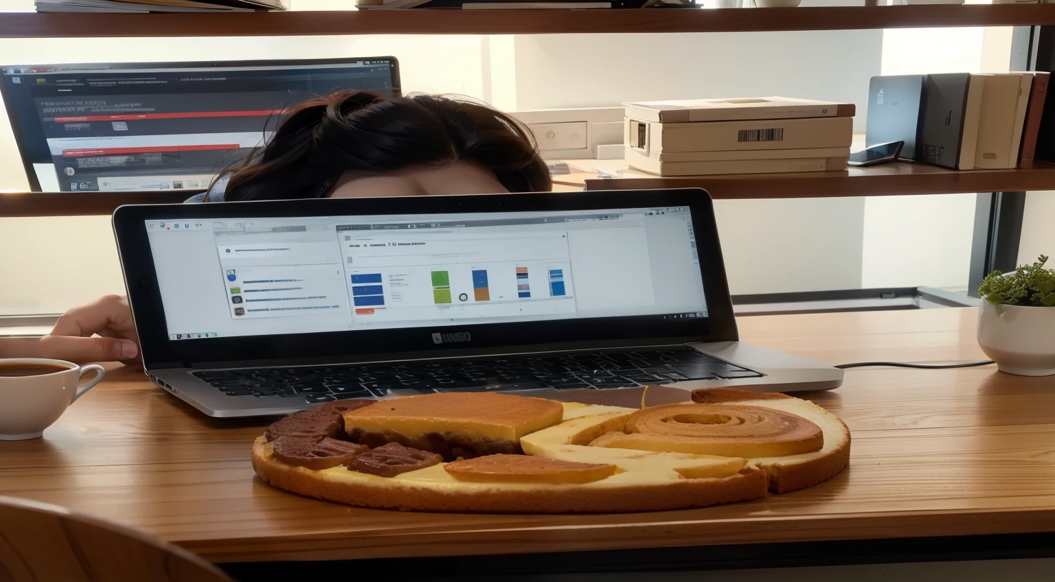There is a laptop and a cake, working on a laptop at a desk, sentado en una computadora, working on his laptop, sentado frente a la computadora, En frente de una computadora, sentado en una computadora desk, Uso de una MacBook, trabajando en una oficina, by Emma Andijewska