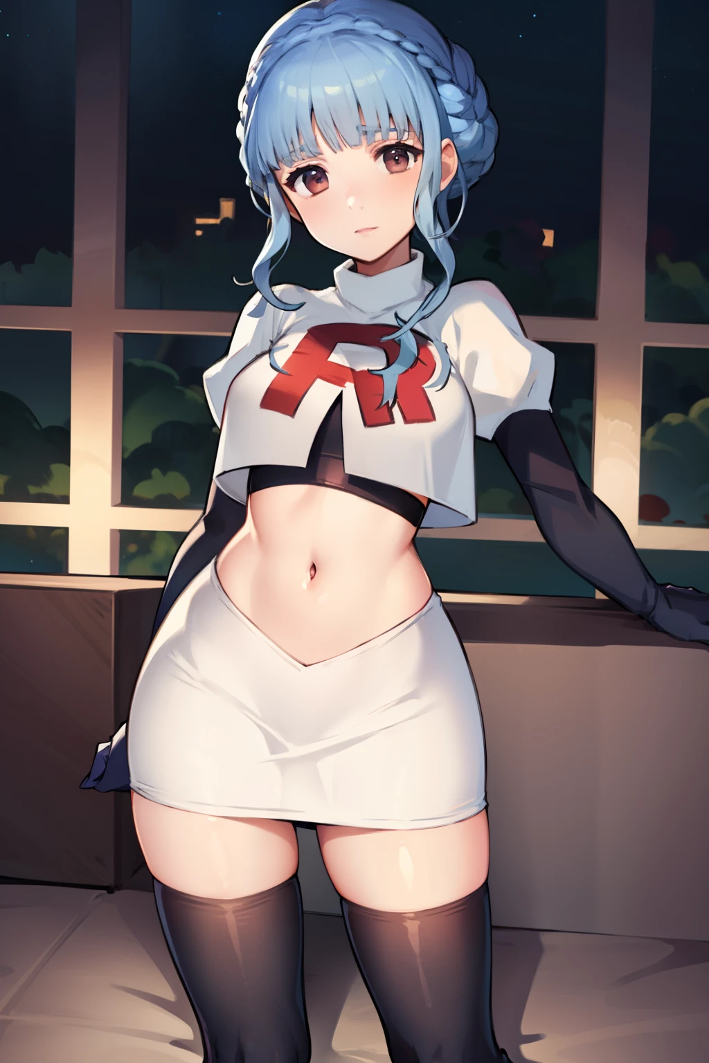 marianne von edmund, team rocket,team rocket uniform,white skirt,red letter R,crop top,black thigh-highs, looking at viewer, cowboy shot, night sky background
