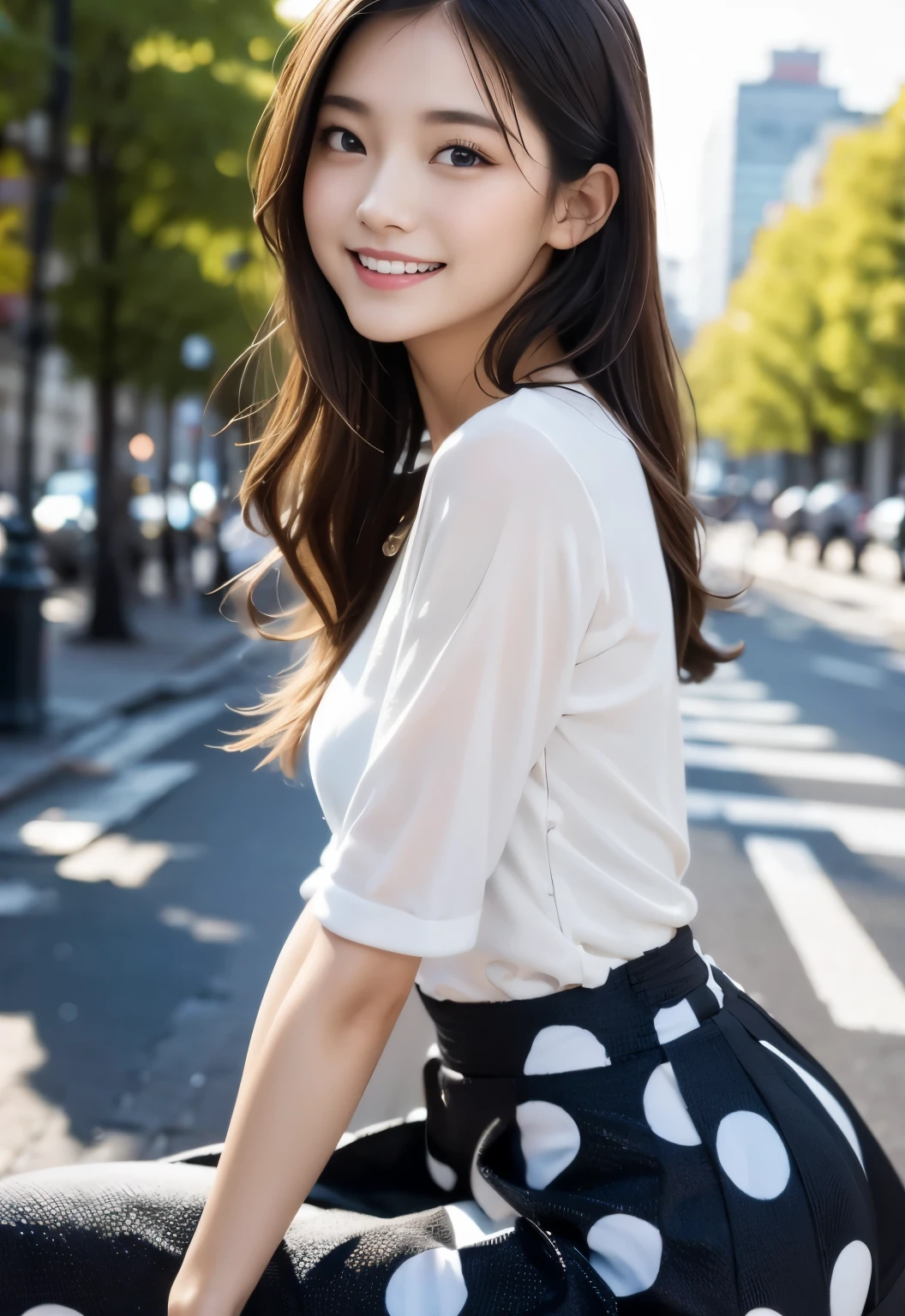 (masterpiece, best quality:1.1), (8k, raw photo, photo realistic:1.2, f22), (shiny skin), detailed skin,long hair,detailed face, detailed eyes, smile,BREAK, real world, intricate details, smil, BREAK, 1girl, (Polka dot pattern,skirt,blue), BREAK, (city:1.4), BREAK