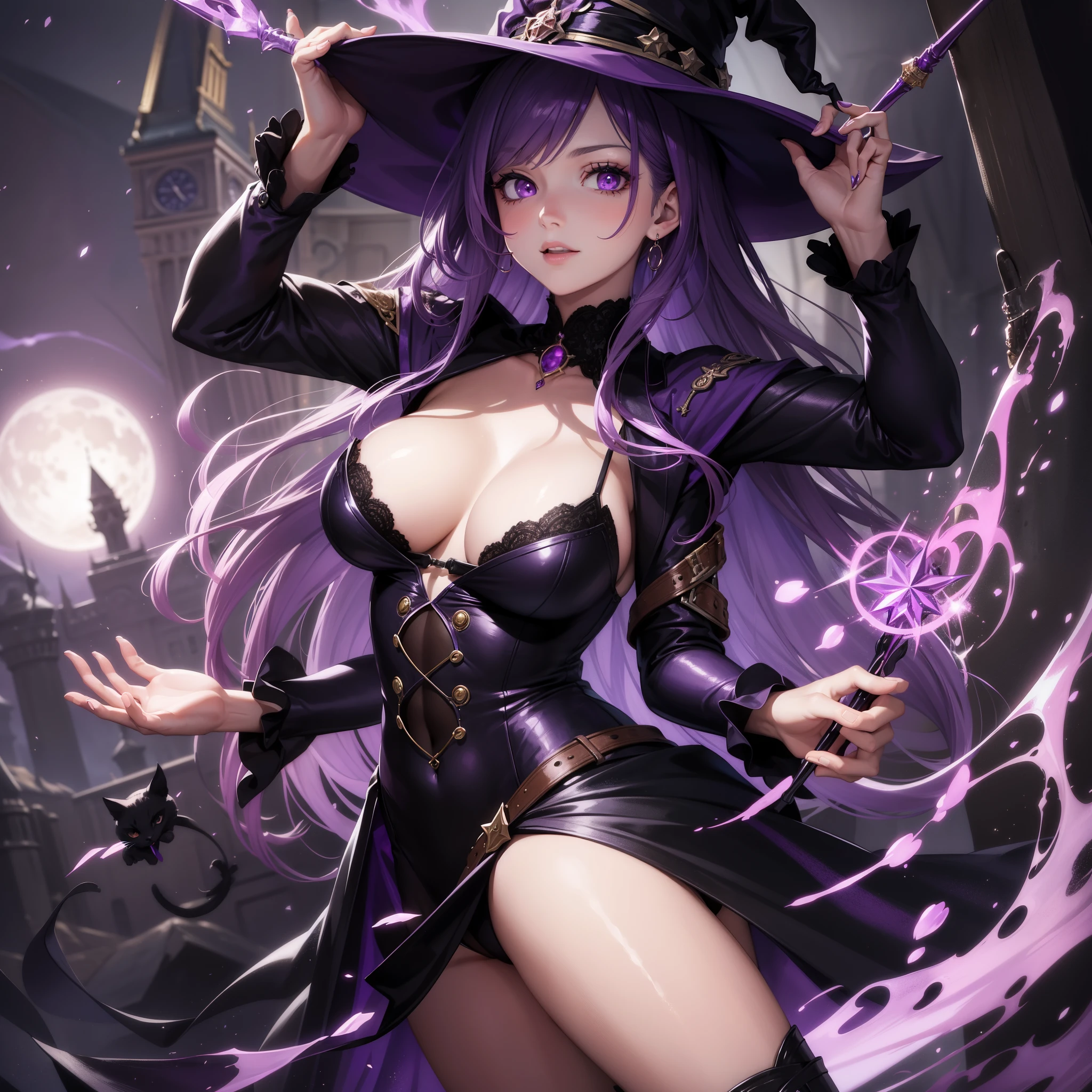 woman, beautiful, witch, purple hair, purple eyes, wand, cats