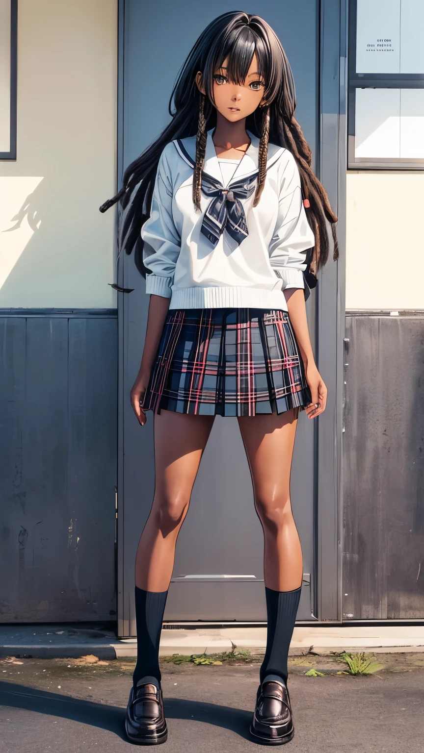 high quality manga style, 22 years old pretty  Jamaican dark black skin girl, dread hair stand still with long straight legs wearingJapanese JK summer uniform, tartan check skirt, short black sockes,no back ground, facing front, full body shot, looking into camera lenz facing front