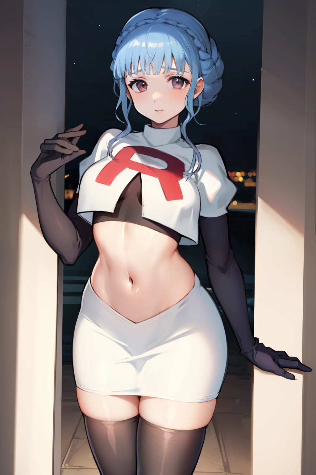 marianne von edmund, team rocket,team rocket uniform,white skirt,red letter R,crop top,black thigh-highs, looking at viewer, cowboy shot, night sky background