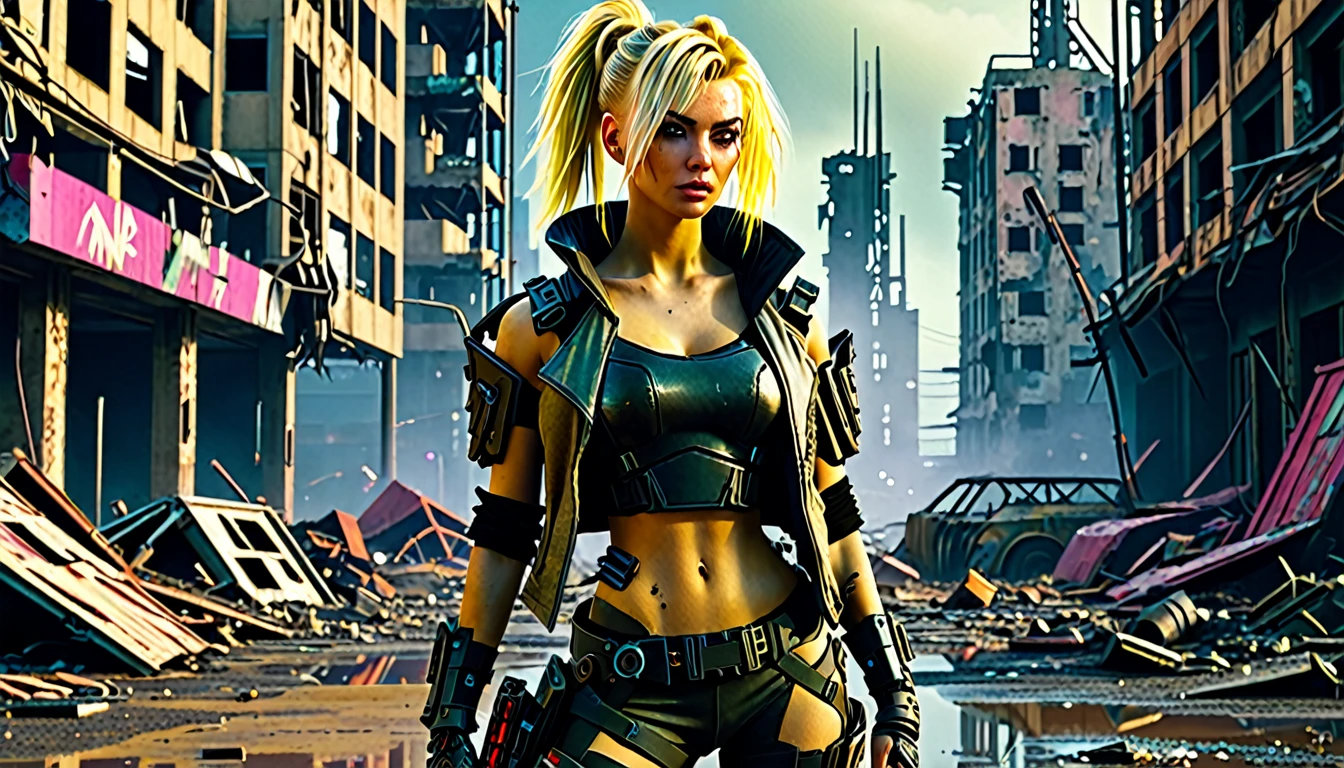 Photo of a blonde haired cyberpunk female in a post apocalyptic 2077, torn down buildings and everything is a wasteland
