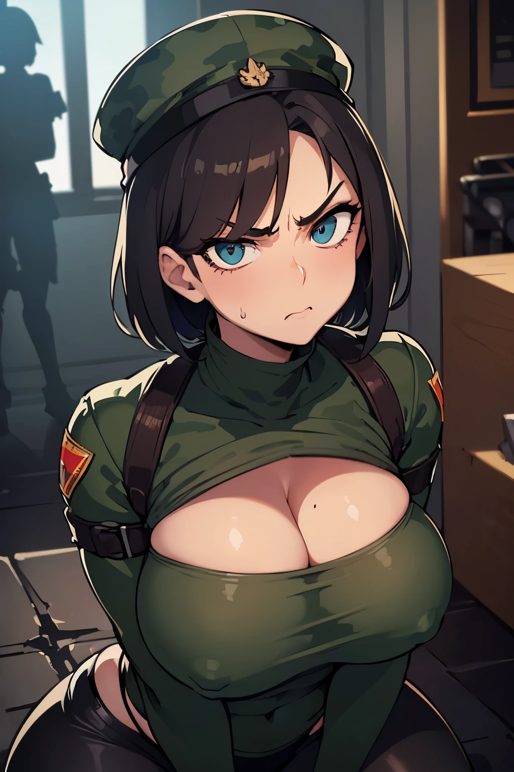 (Cutesexyrobutts art style:1.2), (darkest dungeon art style:1.1), (thick lines:1.1), (fantasy drawing), (human), solo, (tall fit milf:1.2), (athletic, curvy:1.1), slender, (round boobs), short brunette hair, (skimpy military uniform:1.2), (tight t-shirt), (camouflage pants), (military barrett hat), exposed midriff, (angry arrogant face:1.1), (annoyed scowl), (wide eyes:1.2), (detailed face and eyes:1.2), (secretly enjoying), (soft lighting), sharp focus, 8k wallpaper best quality, (detailed hand and finger:1.1), (huge breasts:1.1), (busty), (deep cleavage:1.1), (labia outline:1.3), (hard teat:1.3).