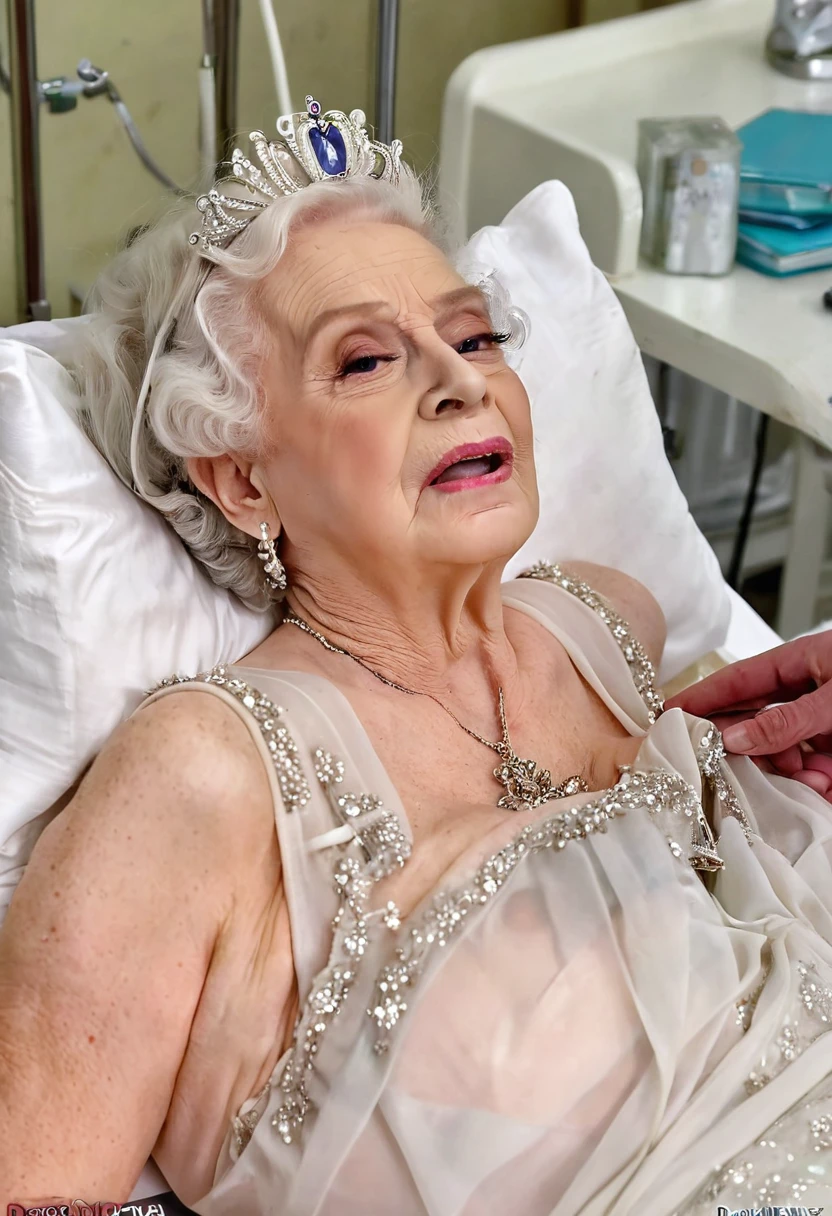 masterpiece, titfuck, facial cum, (queen elizabeth 80yo lying down in a hospital bed) is (getting fucked by doctor:1.5), (diagonal view), (excessive cum on face), (white sheer chiffon dress)