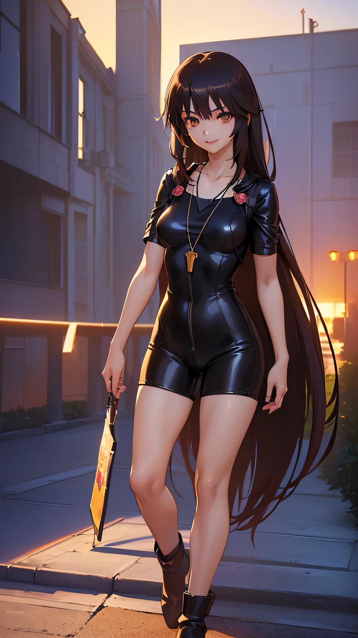 Asian Girls, Anime, Black Leather Pants, Satin Jacket with latex shirt, Long Hair with bangs, Zen Garden, with leather Gloves, Asian, Smile, Friendly, Happy, wet tongue out, drooling