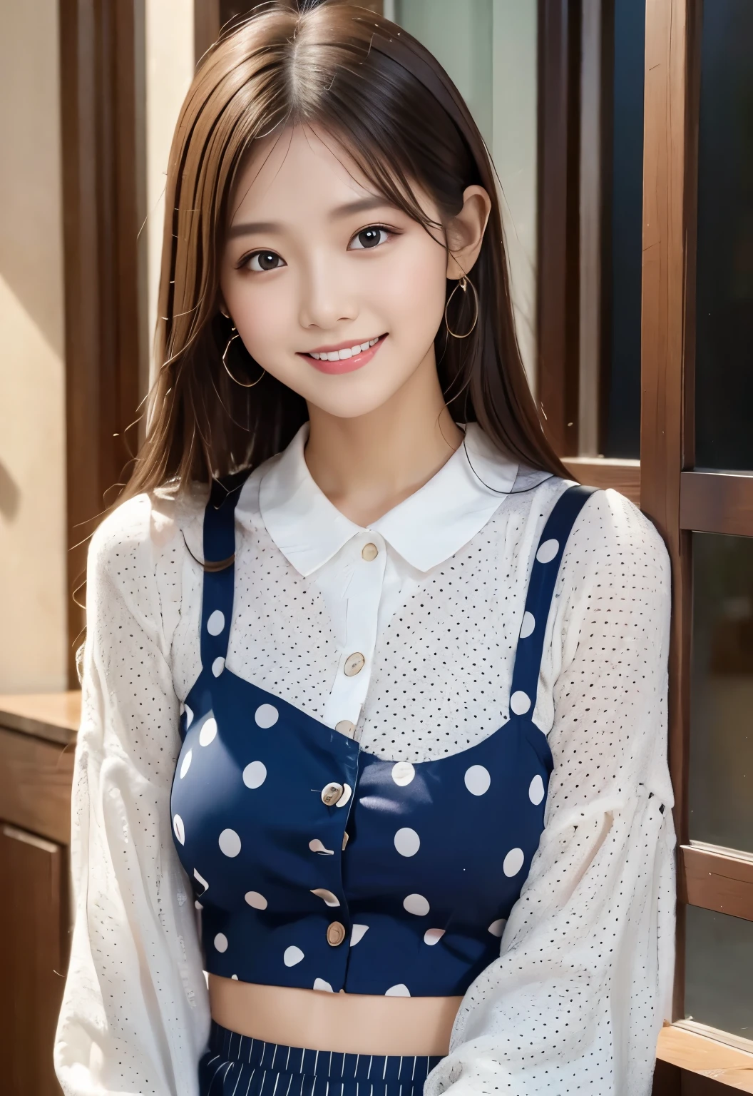 (masterpiece, best quality:1.1), (8k, raw photo, photo realistic:1.2, f22), (shiny skin), detailed skin,long hair,detailed face, detailed eyes, smile,BREAK, real world, intricate details, smil, BREAK, 1girl, (Polka dot pattern,skirt,blue), BREAK, (city:1.4), BREAK