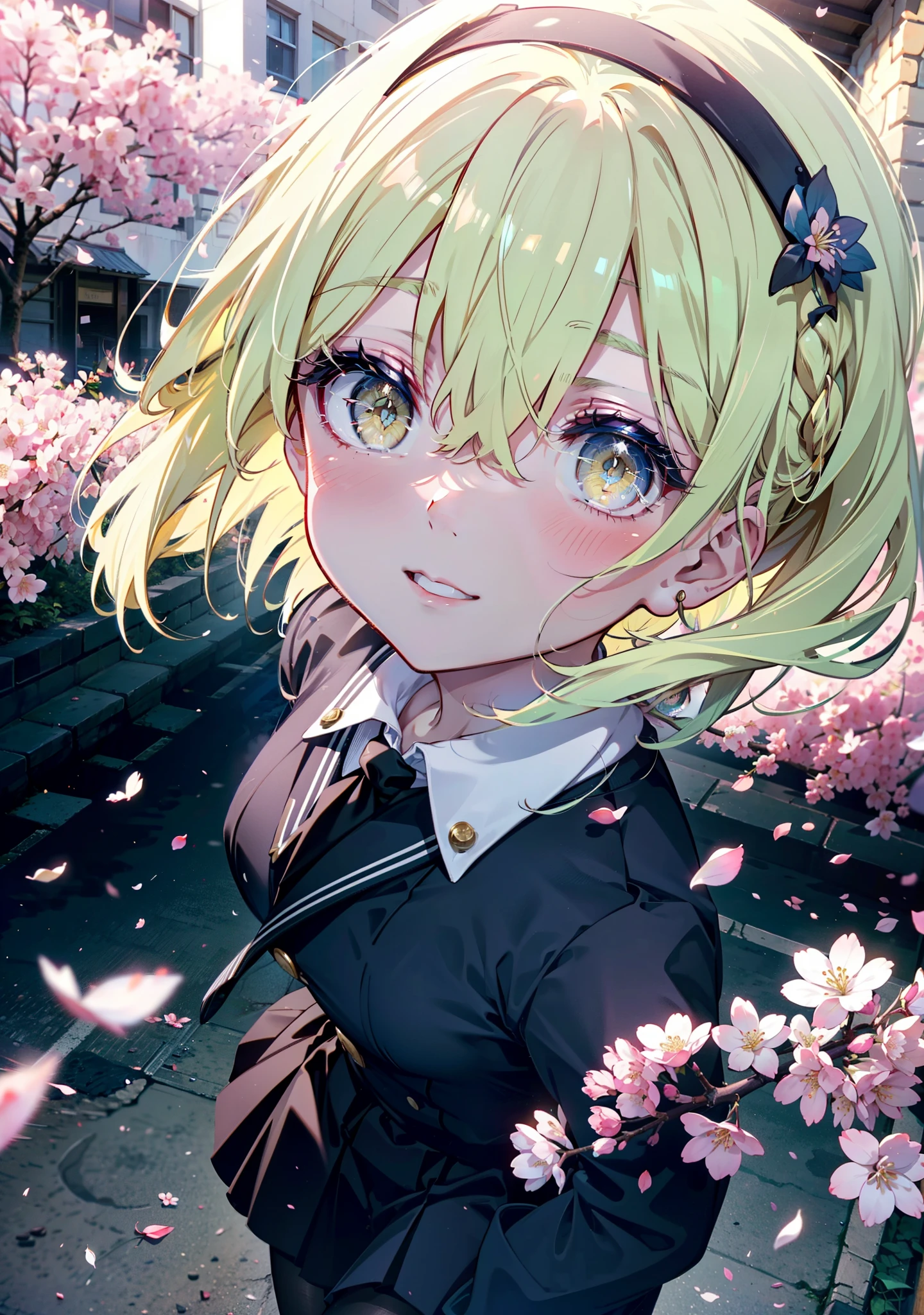 アイスWallenstein, Wallenstein, Blonde, Hair between the eyes, hair band, Long Hair, (Yellow Eyes:1.5),happy smile, smile, Open your mouth,smile,blush,Black Sailor Suit,Black pleated skirt,Black Pantyhose,Brown Loafers,morning,morning陽,The sun is rising,Cherry blossoms are blooming,Cherry blossoms are scattered,Cherry blossom tree-lined path,break looking at viewer, break outdoors,School　School building, break (masterpiece:1.2), highest quality, High resolution, unity 8k wallpaper, (shape:0.8), (Beautiful and beautiful eyes:1.6), Highly detailed face, Perfect lighting, Highly detailed CG, (Perfect hands, Perfect Anatomy),