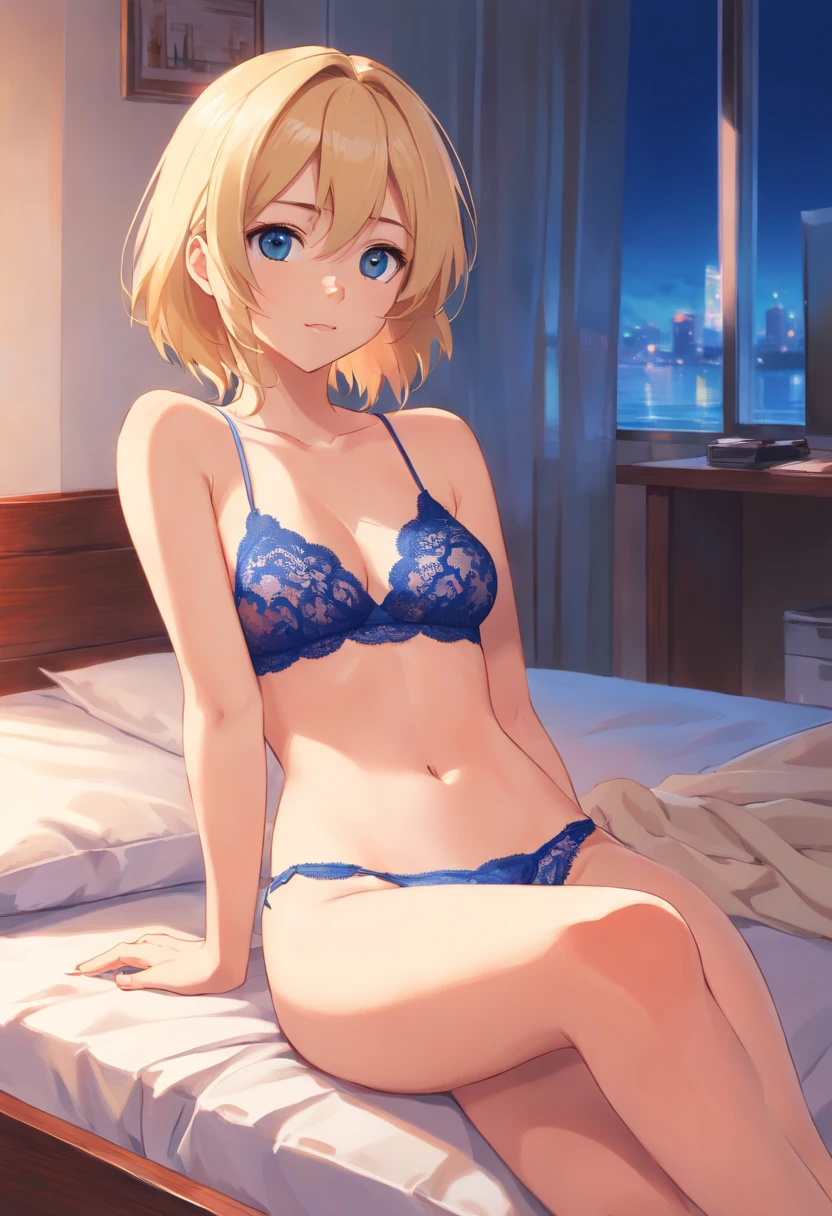 Mujer, 17 years, ((Rubia)), ((Pelo Corto)), ((Ojos Azules)), Red lace underwear, acostada sobre una cama ((Cuerpo entero)), la pierna levemente flectada.