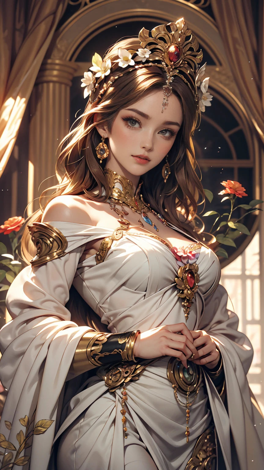 Depicts a beautiful woman with flowers in her hair、Highly detailed watercolor painting, The style of Alfons Maria Mucha and Gustav Kirmut, Art Nouveau accents, Fairy Princess, Anthropomorphic woman, Female figure, Detailed cover artwork, As the Flower Goddess, Alphonse Mucha, Gustav Klimt, Pale skin, Marble sculpture, society, Gothic art, Art Nouveau, Behance Contest Winner