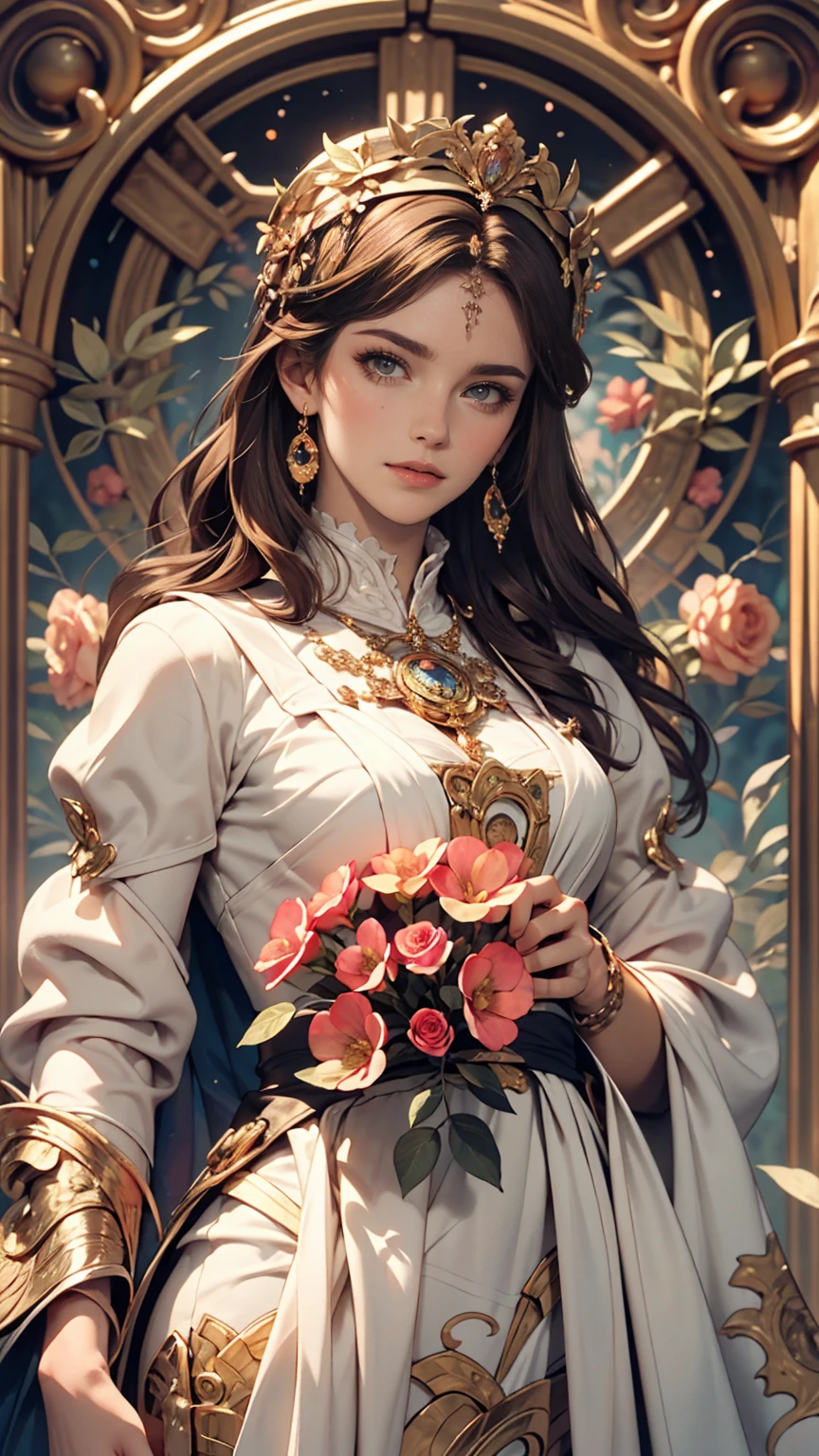 Depicts a beautiful woman with flowers in her hair、Highly detailed watercolor painting, The style of Alfons Maria Mucha and Gustav Kirmut, Art Nouveau accents, Fairy Princess, Anthropomorphic woman, Female figure, Detailed cover artwork, As the Flower Goddess, Alphonse Mucha, Gustav Klimt, Pale skin, Marble sculpture, society, Gothic art, Art Nouveau, Behance Contest Winner