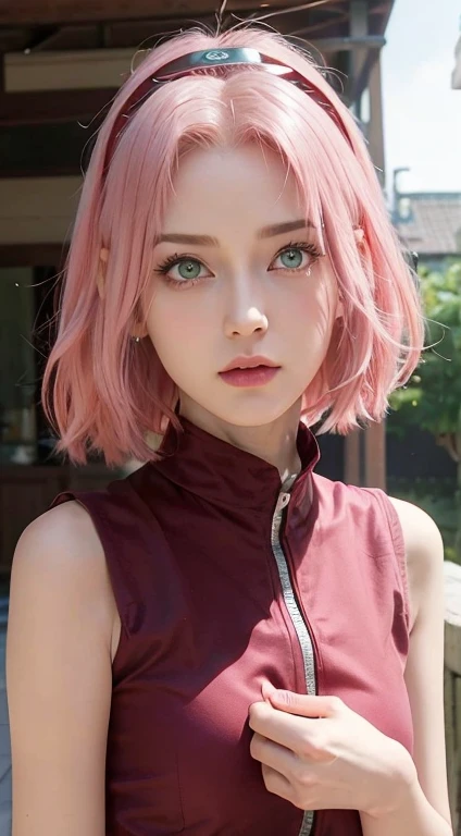 young woman, short shoulder-length pink hair, wide forehead, porcelain skin, pink eyebrows, big emerald green eyes, buttoned nose, full lips, heart-shaped face, slender body, small breasts, red tank top, Sakura Haruno , realistic, realism, details, 3d, well detailed
