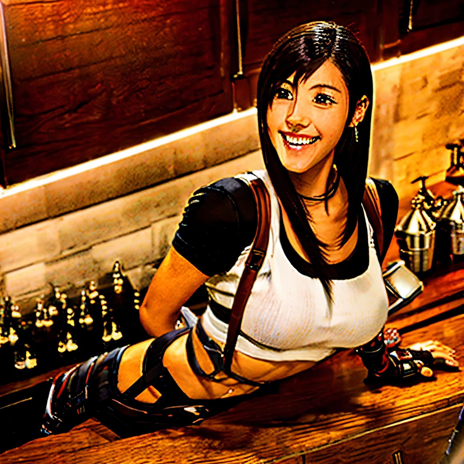 Tifa Lockhart, masutepiece, Best Quality, defTifa, White crop top, elbow pad, Fingerless gloves, suspenders, pencil skirts, Upper body, Looking at Viewer, Leaning forward, Smile, a bar counter,