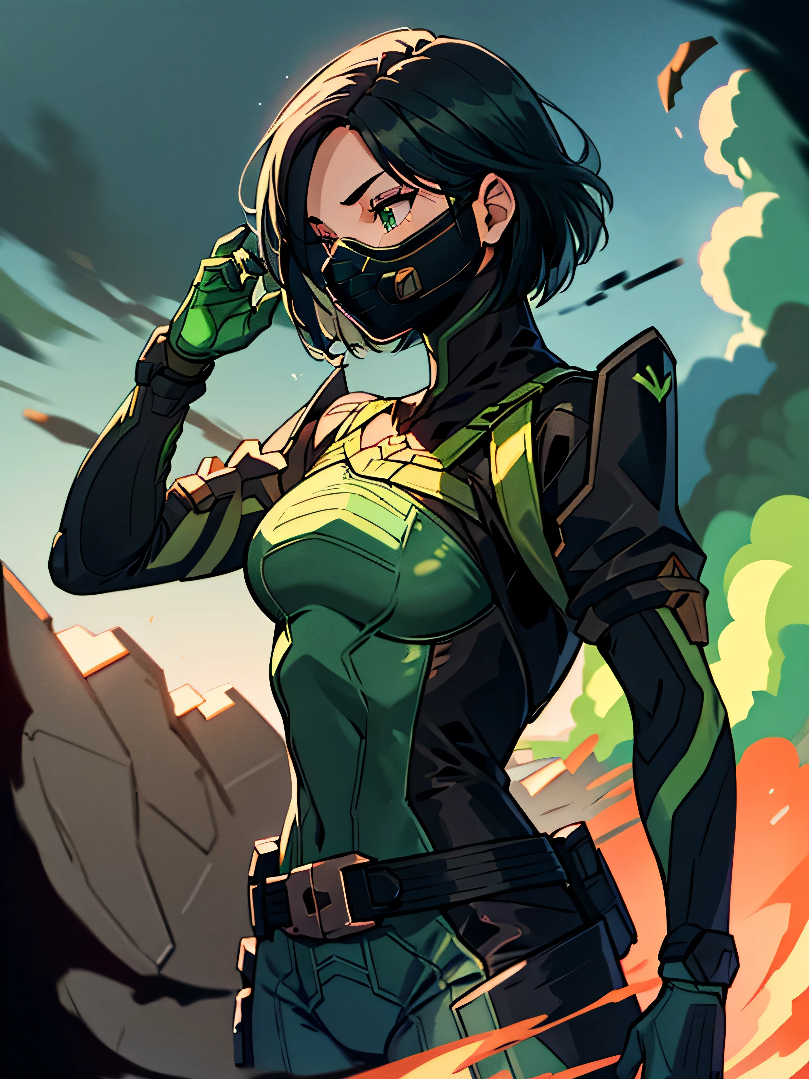 masterpiece, best quality, valorantViper, green eyes, bodysuit, gloves, belt, respirator, front view, green smoke, darkness, smoke, night, grey skies, ocean