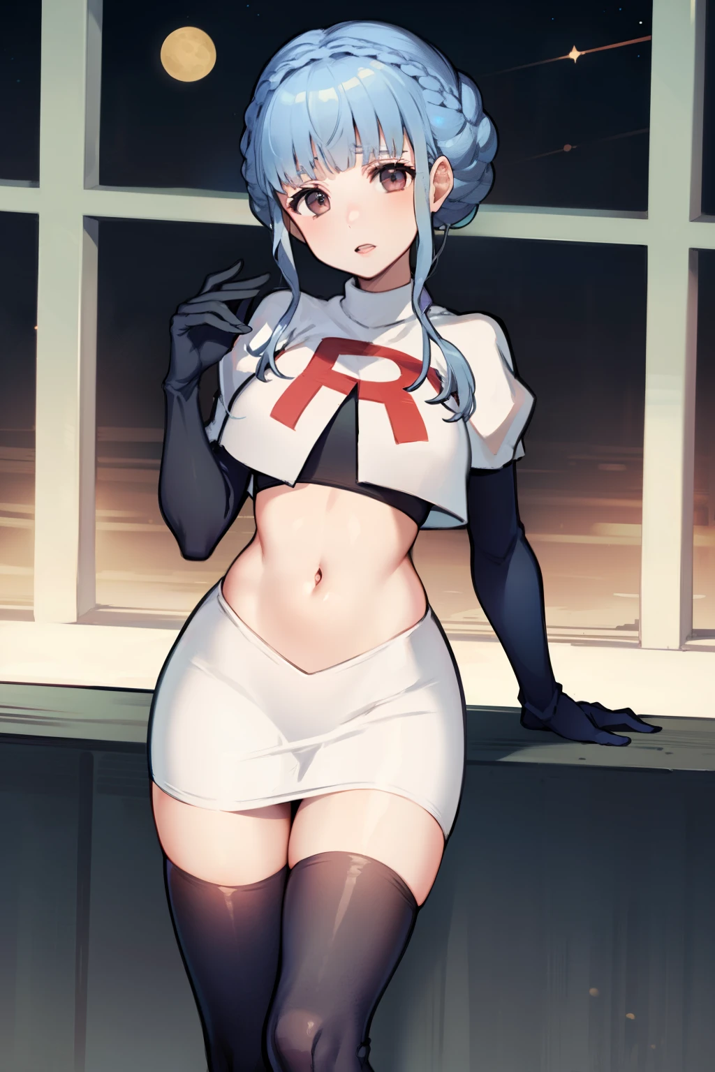 marianne von edmund, team rocket,team rocket uniform,white skirt,red letter R,crop top,black thigh-highs, looking at viewer, cowboy shot, night sky background