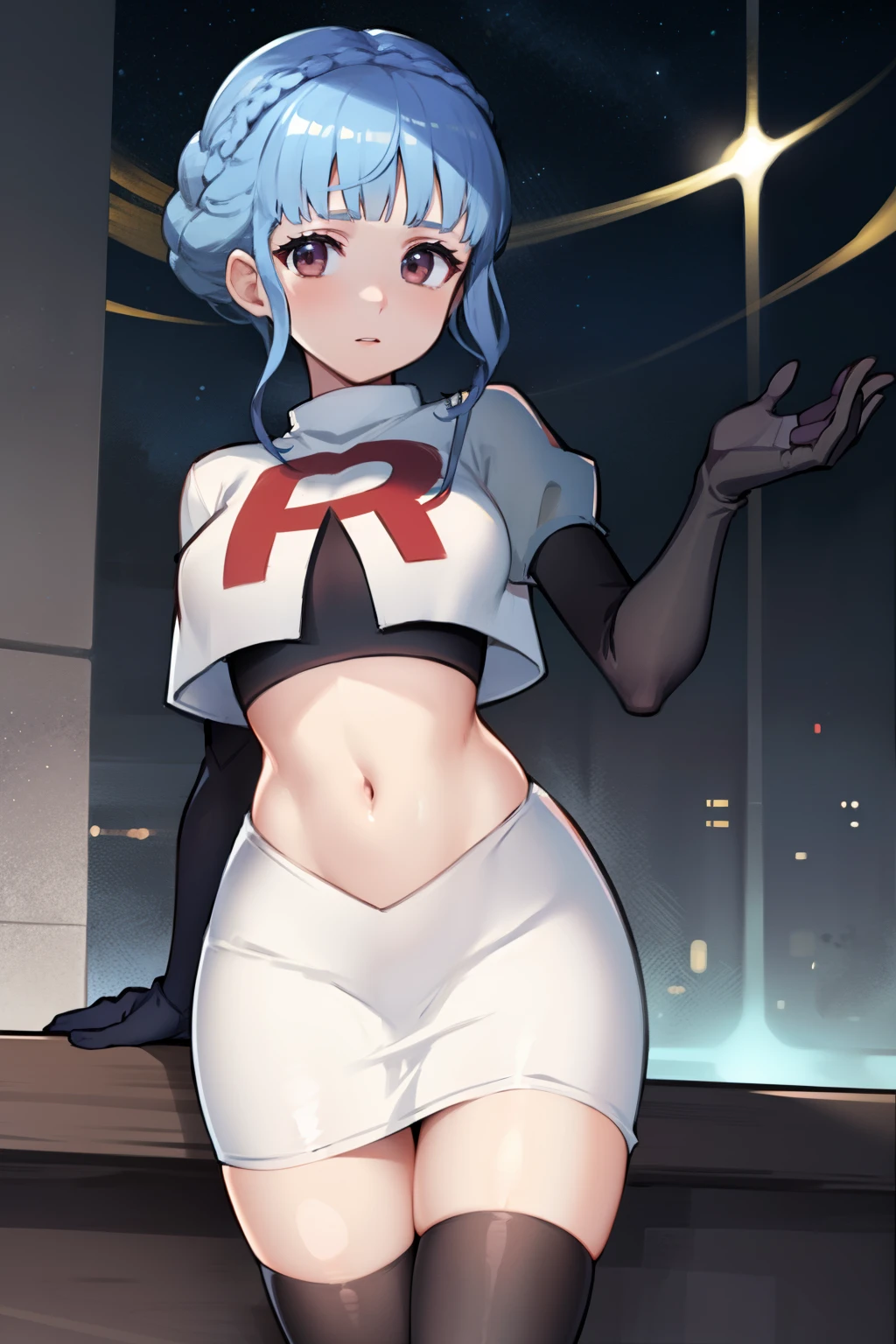 marianne von edmund, team rocket,team rocket uniform,white skirt,red letter R,crop top,black thigh-highs, looking at viewer, cowboy shot, night sky background