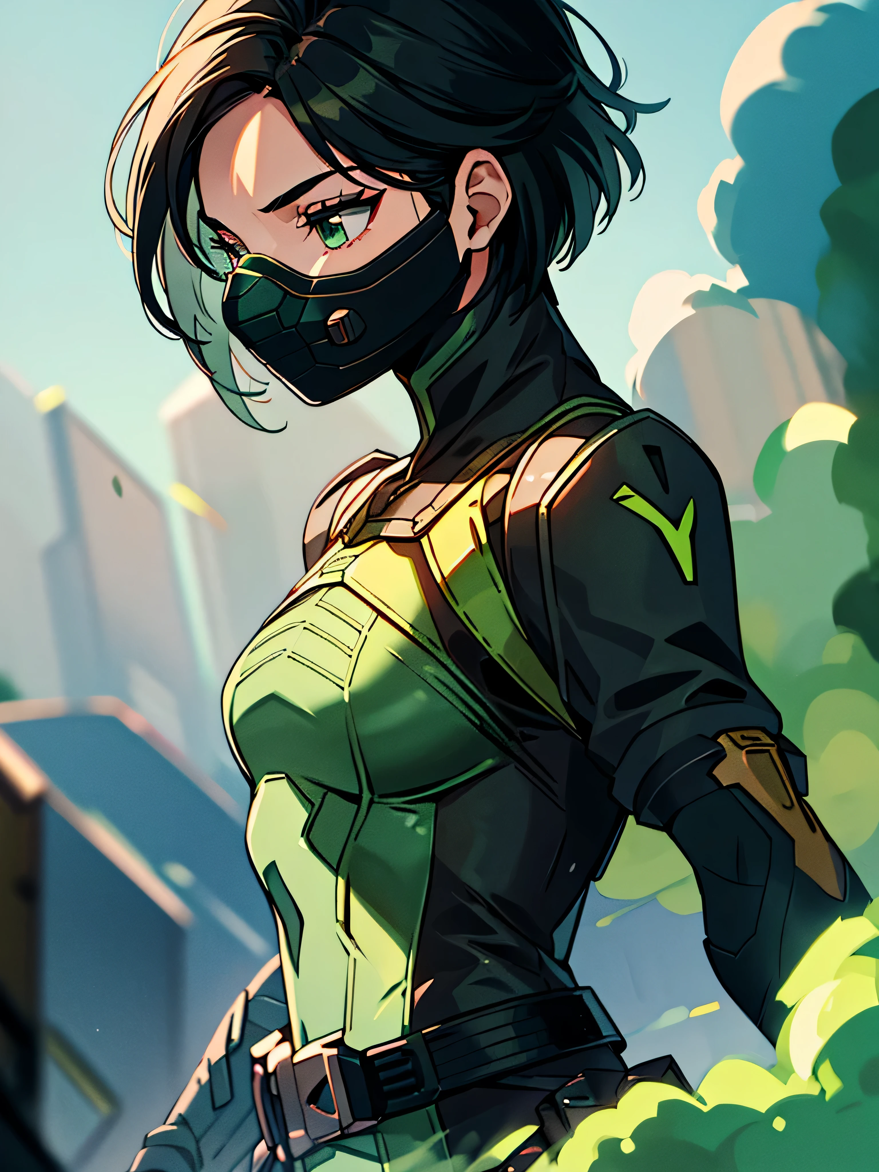 masterpiece, best quality, valorantViper, green eyes, bodysuit, gloves, belt, respirator, from side, green smoke, darkness, smoke, nature background, grey skies, ocean 