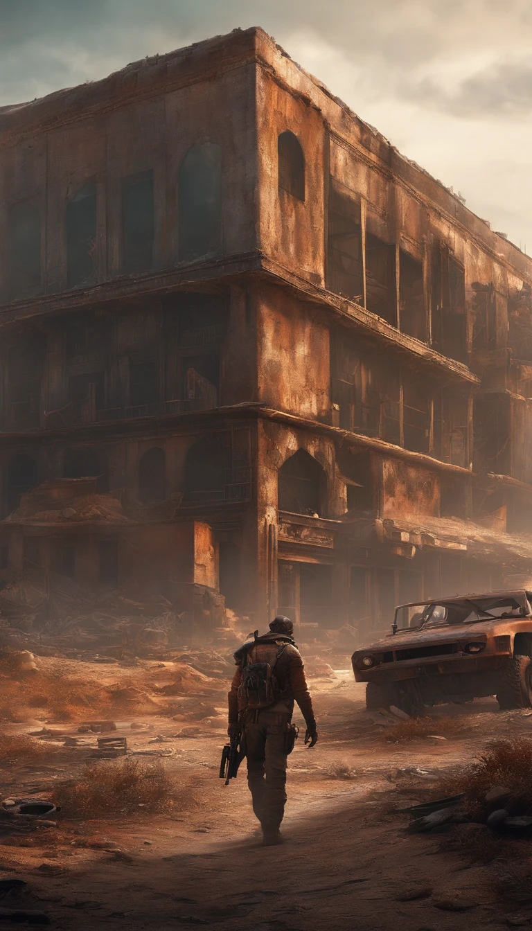 Ruin covered in a cityscape, Mad Max, ground level, street, looted, New York skyline, post-apocalyptic, skyscrapers, rusty cars, rusty bridge in the background, low fog (lots of vegetation:1.3), burning building, collapsed building, cinematic, dramatic light, architecture, airship in the sky BREAK
Photorealistic, hyperrealistic, hyperdetailed, style, detailed skin, matte skin, soft lighting, subsurface scattering, realistic, heavy shadow, masterpiece, best quality, ultra realistic, 8k, golden ratio, Intricate, High Detail, film photography, hyper detailed, photo-maximum realistic detail, volumetric light, moody cinematic epic concept art, realistic matte painting, hyper photorealistic