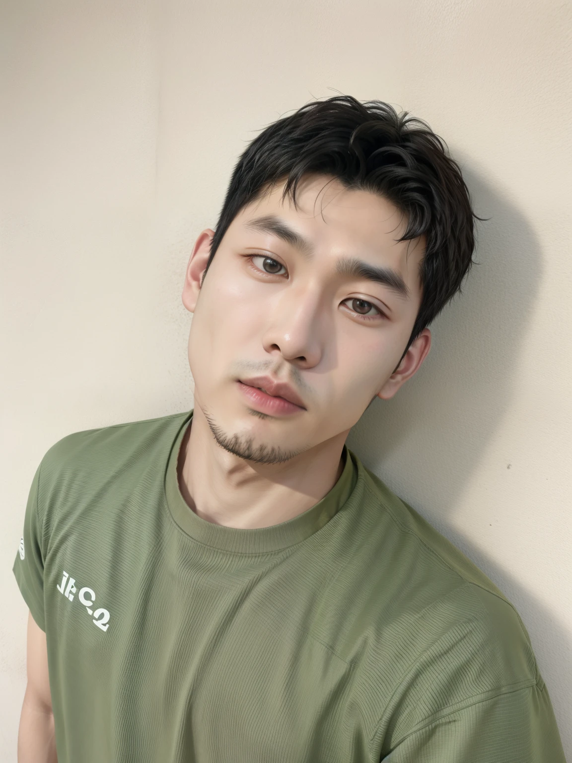 arafed asian man wearing a green shirt leaning against a wall, Hong June Hyung, Kim Doyoung, jaeyeon nam, pablo kwon, hyung tae, hombre surcoreano, joongwon charles jeong, jinyoung shin, kim taejin, foto de perfil en la cabeza, seson yoon, Yanjun Chengt, hyung-tae kim, hyung-tae kim