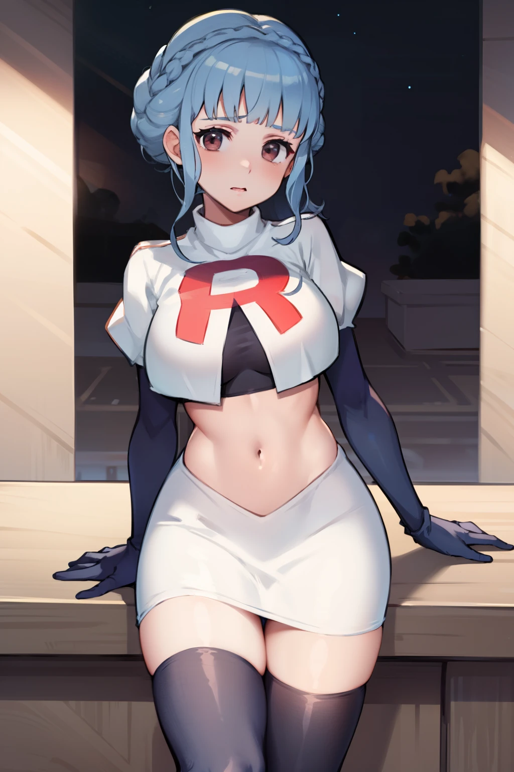 marianne von edmund, team rocket,team rocket uniform,white skirt,red letter R,crop top,black thigh-highs, looking at viewer, cowboy shot, night sky background