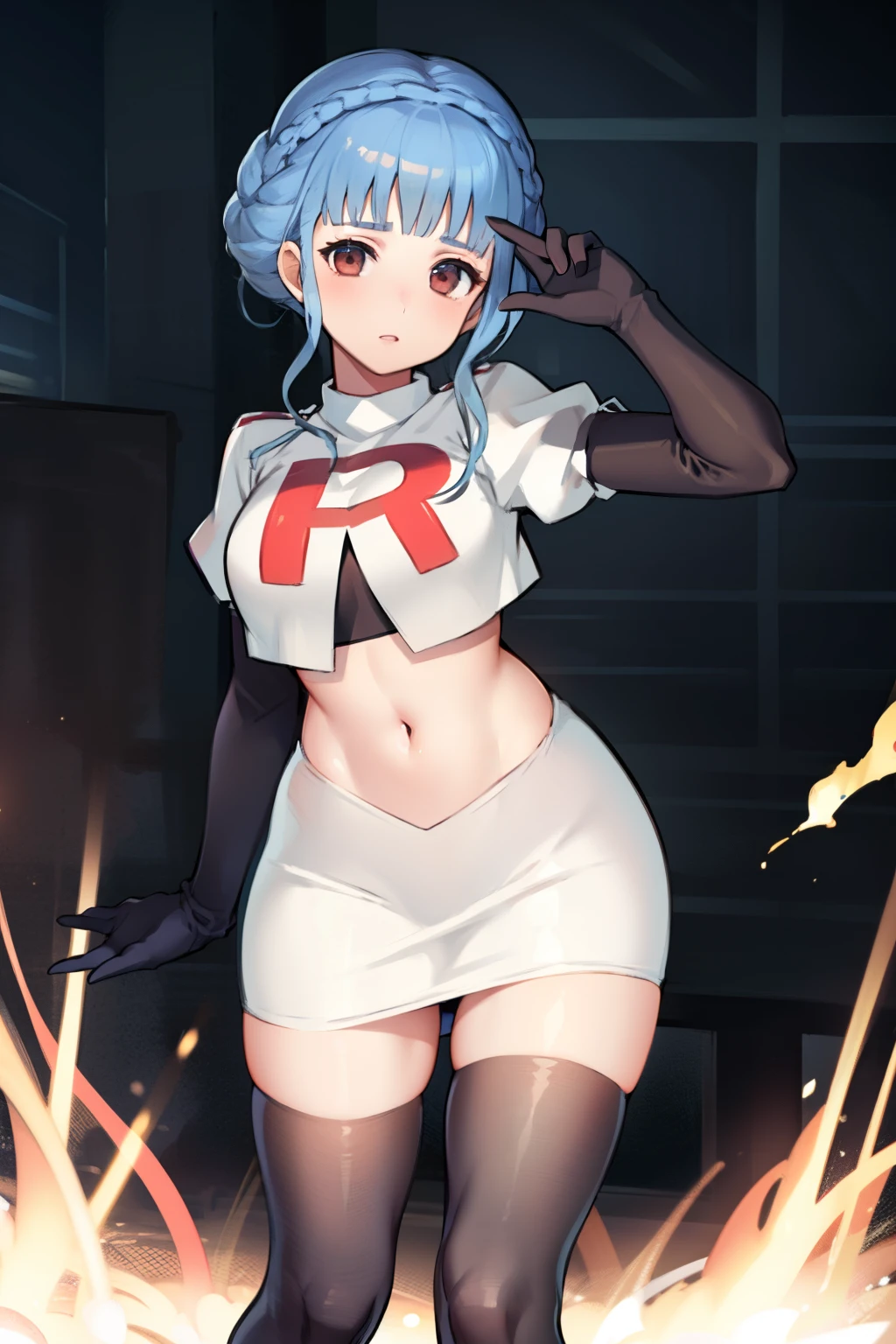 marianne von edmund, team rocket,team rocket uniform,white skirt,red letter R,crop top,black thigh-highs, looking at viewer, cowboy shot, night sky background