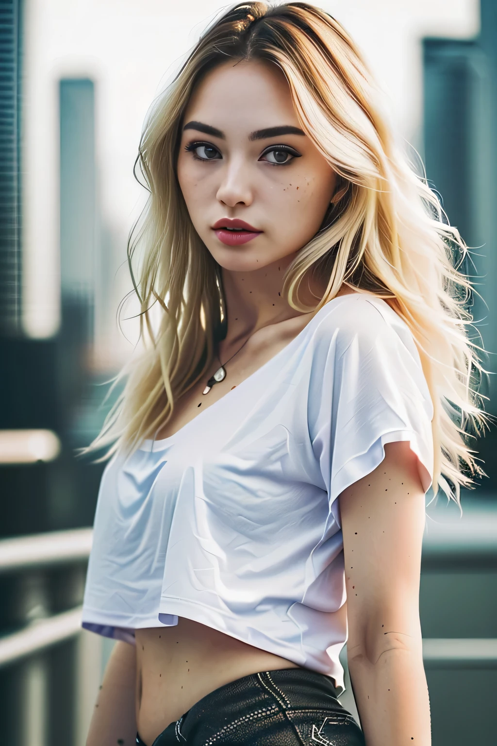 Very long wavy blonde hair、detailed alluring eyes、long sexy legs、Small shorts、tshirts、((detailed facial features))、(Fine detailed skin)、pale-skinned、realistic skin textures、Extreme skin details、(pores:0.1)、Beautiful futuristic cyberpunk city in the background、masterpiece of best quality、Photorealsitic、hyper realisitic、detaileds、8K、nffsw、(soft colours:1.2)、Shallow depth of field、 Broad light,、highly contrast、Back lighting、bloom、light glow、chromatic abberation、sharp focus、RAW color photo