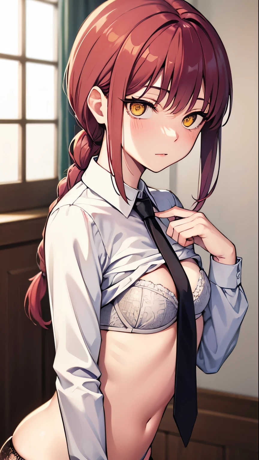 Makima, Makima, Long hair, malicious  Bangs, (Small breasts:1.2), (Yellow eyes:1.2), braid, Red hair, braided ponytails, Ringed Eyes, BREAK  shirt, Long sleeves,  White shirt desabotoado , black  bra , neck tie, Collared shirt, thong pantie , garterbelt ,  Suit, black necktie, shirt tucked in, Break indoors, BREAK looking at viewer, BREAK (masutepiece:1.2), Best Quality, High resolution, Unity 8k wallpaper, (Illustration:0.8), (Beautiful detailed eyes:1.6), extra detailed face, Perfect Lighting, (Perfect hands, Perfect Anatomy), sexy 