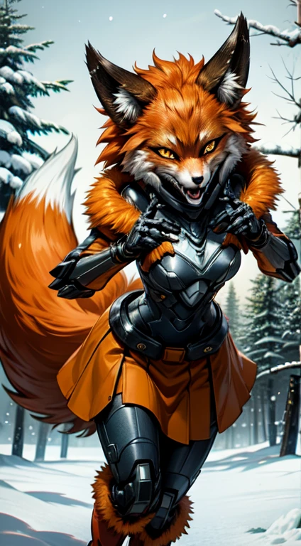 Alice, solo, 1 girl, animal ears, fox face, detailed muzzle, detailed eyes, Beautiful muzzle, color: red, orange, female focus, 1 fox tail, red tail of the best quality, exteriors, fur collar, orange skirt with fur trim, black stockings, Joyful face, detailed background, black gloves, cyber punk armor, female suit mech, power armor, Technological, modern clothes, cyber punk clothes, Mechanical clothing, fluffy, orange clothing with fur trim, orange sleeves with fur trim, orange fur coat with fur trim, Best quality fox ears., 1 girl, solo, focus photo, blush, I look at the viewer, winter, night, nightfall, snowfall, snowflakes, detailed yellow eyes, Detailed beautiful yellow eyes, detailed face, detailed hands and fingers, High-quality hands and fingers, Ideal body anatomy, Perfect posture, Ideal hand anatomy, Perfect finger anatomy, thin waist, winter boots, Best quality, In detail ,high resolution illustration, Cute, sly smile, blush, Vulgar girl, Thin, soft, beautiful and detailed portrait, 8K, HDR, Excellent quality, very detailed, Detailed fur, ((correct tail position)), beautiful girl, In a snow-covered dark forest, among the trees, Winter forest landscape, eye for detail, cinema lighting.