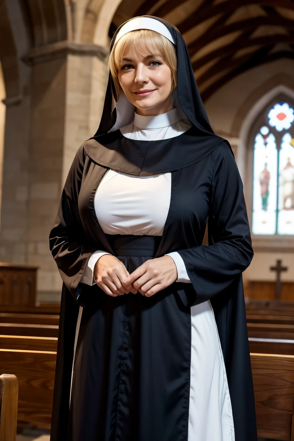 Mature beautiful Spanish woman、Ginger Hair、Green Eyes、smile、Cross necklace、BigBreasts、Plump body、Monastic uniform、Nuns、Standing before the cross、In the church