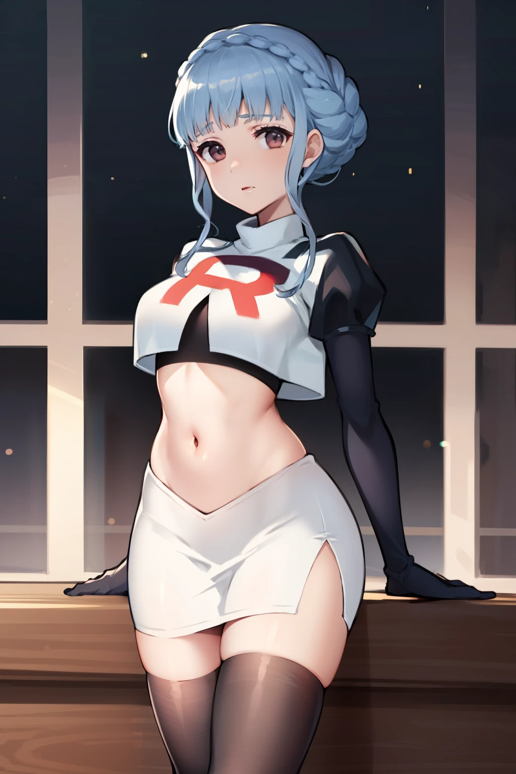 marianne von edmund, team rocket,team rocket uniform,white skirt,red letter R,crop top,black thigh-highs, looking at viewer, cowboy shot, night sky background