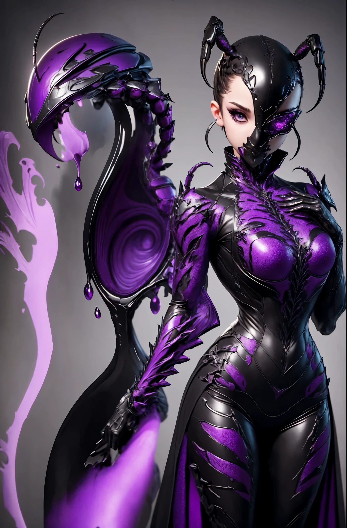 Beautiful girl fused with a scorpion. (High quality) （black and purple image color）gothic dress. body suit. cyber style. Circuit pattern. Biological Armor. Biological helmet. eye mask.
