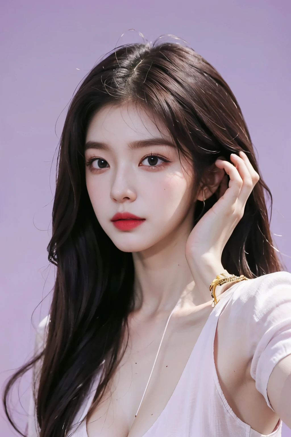 Araped woman in multi-colored fashionable clothes, dynamic pose, Popular fashion and hairstyles in Korea, solid color background, Cerveza Soft Devil Queen Madison, Violet Myers, No makeup, wavy hair, without makeup, Profile picture, Use Instagram Filters, Subtle soft and dim light, perfect face, julia sardinian, perfect hands, selfie,halfbody, looking at the camera,