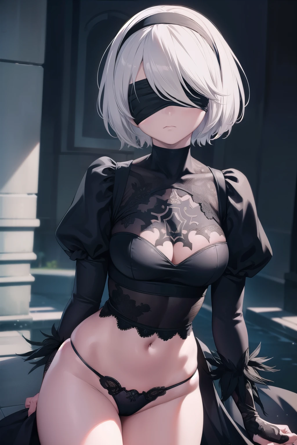 2b, 2b, (black blindfold:1.5), black hairband, blindfold, hairband, short hair, white hair, Angry face. 
BREAK hairband, robot, sexy , roupas reveladoras . BREAK looking at viewer,
BREAK (masterpiece:1.2), best quality, high resolution, unity 8k wallpaper, (illustration:0.8), (beautiful detailed eyes:1.6), extremely detailed face, perfect lighting, extremely detailed CG, (perfect hands, perfect anatomy), thong pantie black. Katana. 