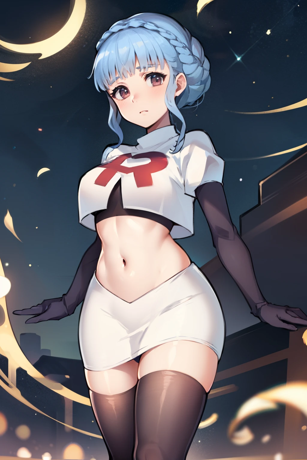 marianne von edmund, team rocket,team rocket uniform,white skirt,red letter R,crop top,black thigh-highs, looking at viewer, cowboy shot, night sky background