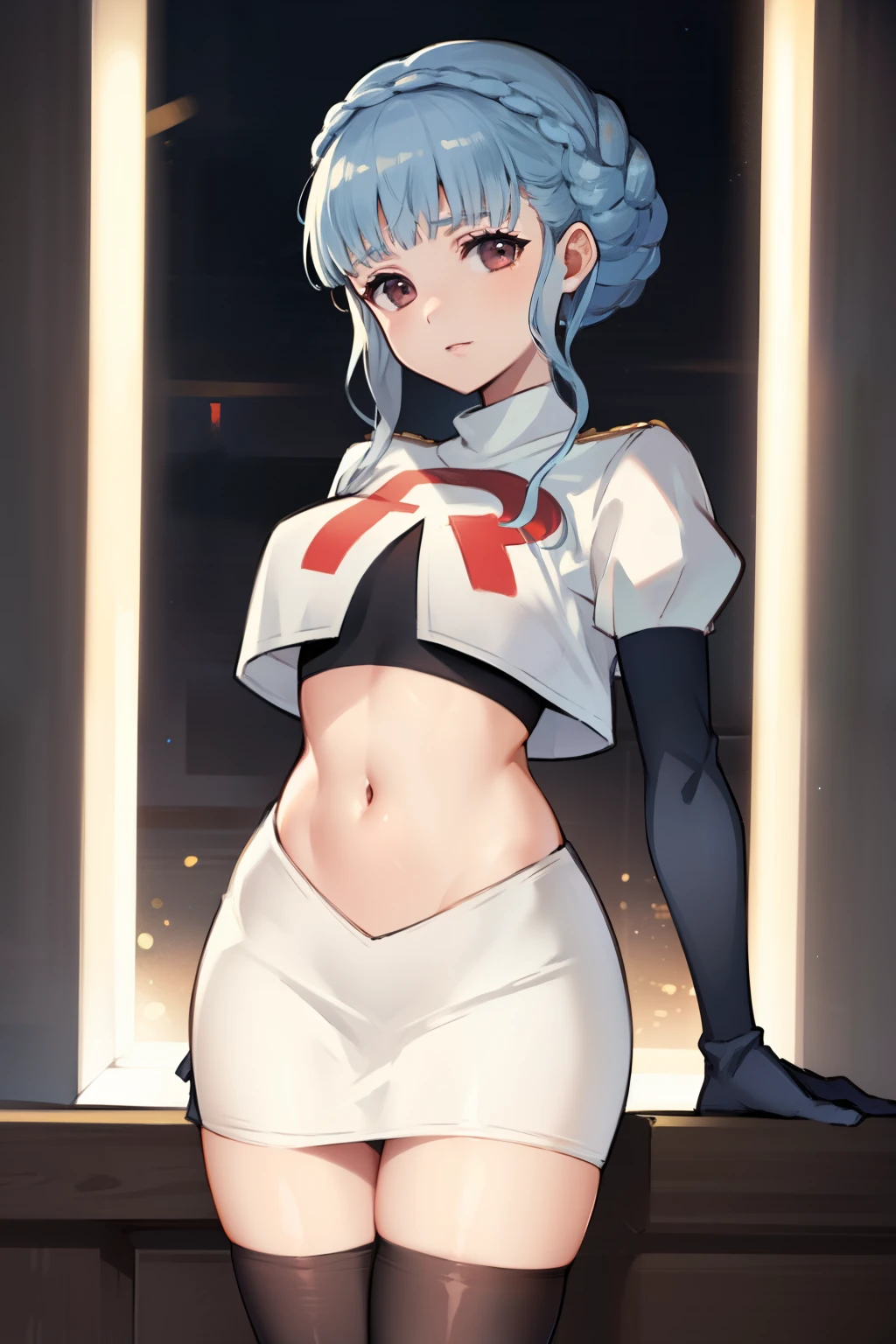 marianne von edmund, team rocket,team rocket uniform,white skirt,red letter R,crop top,black thigh-highs, looking at viewer, cowboy shot, night sky background