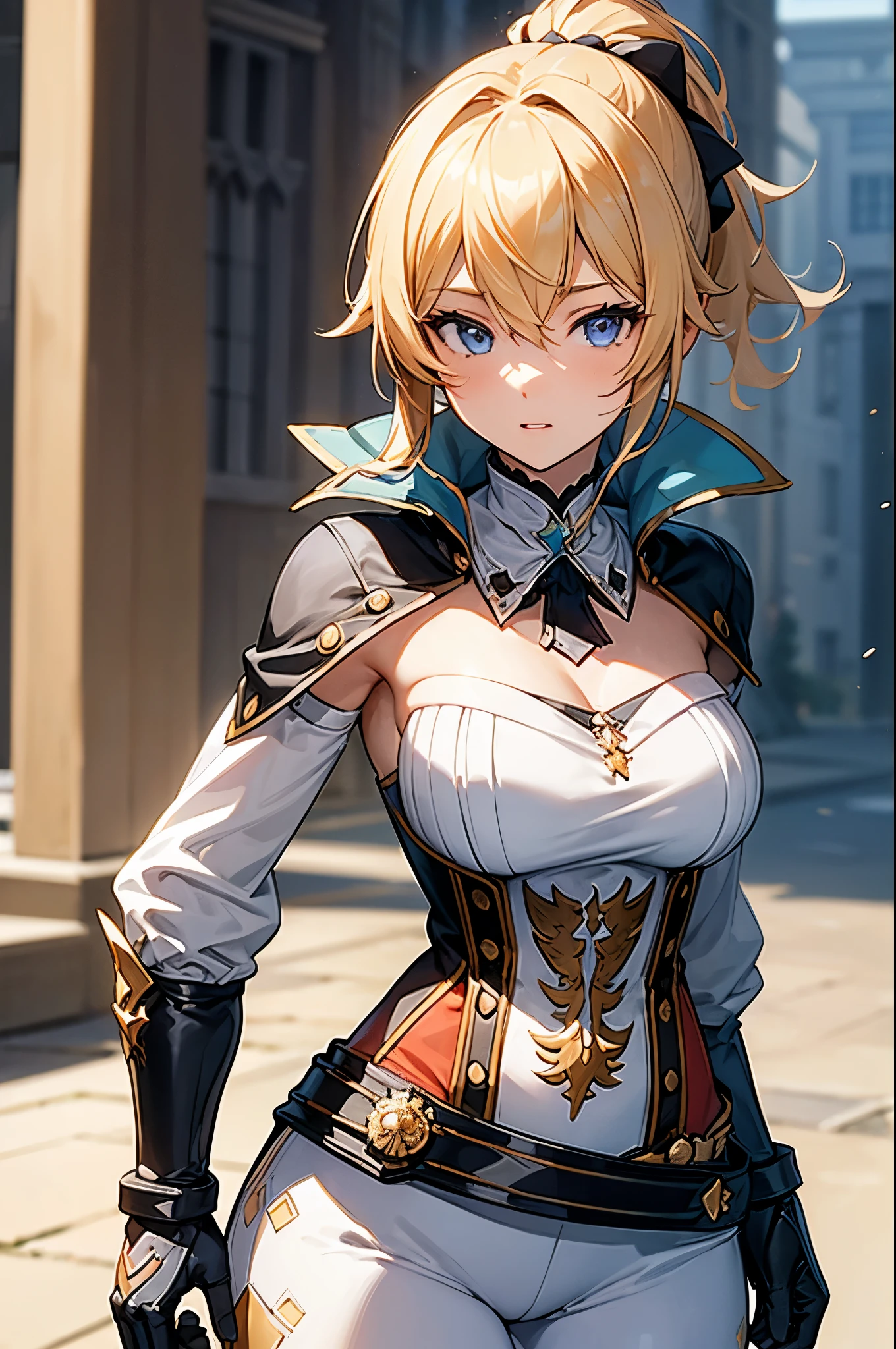 (masterpiece, best quality:1.2), expressive eyes, perfect face, highres, 1girl, solo, jeanfavonian, short hair, blonde hair, city, day, standing, happy, parted lips, hands on hip, upper body, looking at the viewer